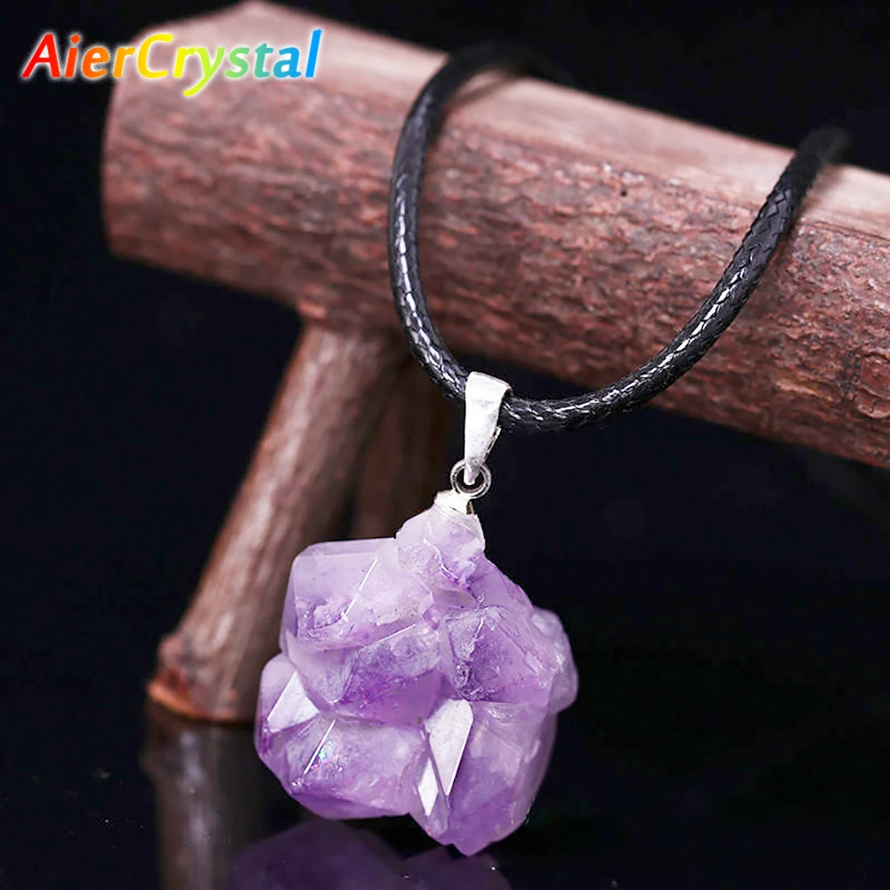 Birth Flower Necklace - 천연 우루과이 자수정 거친 돌 펜던트,