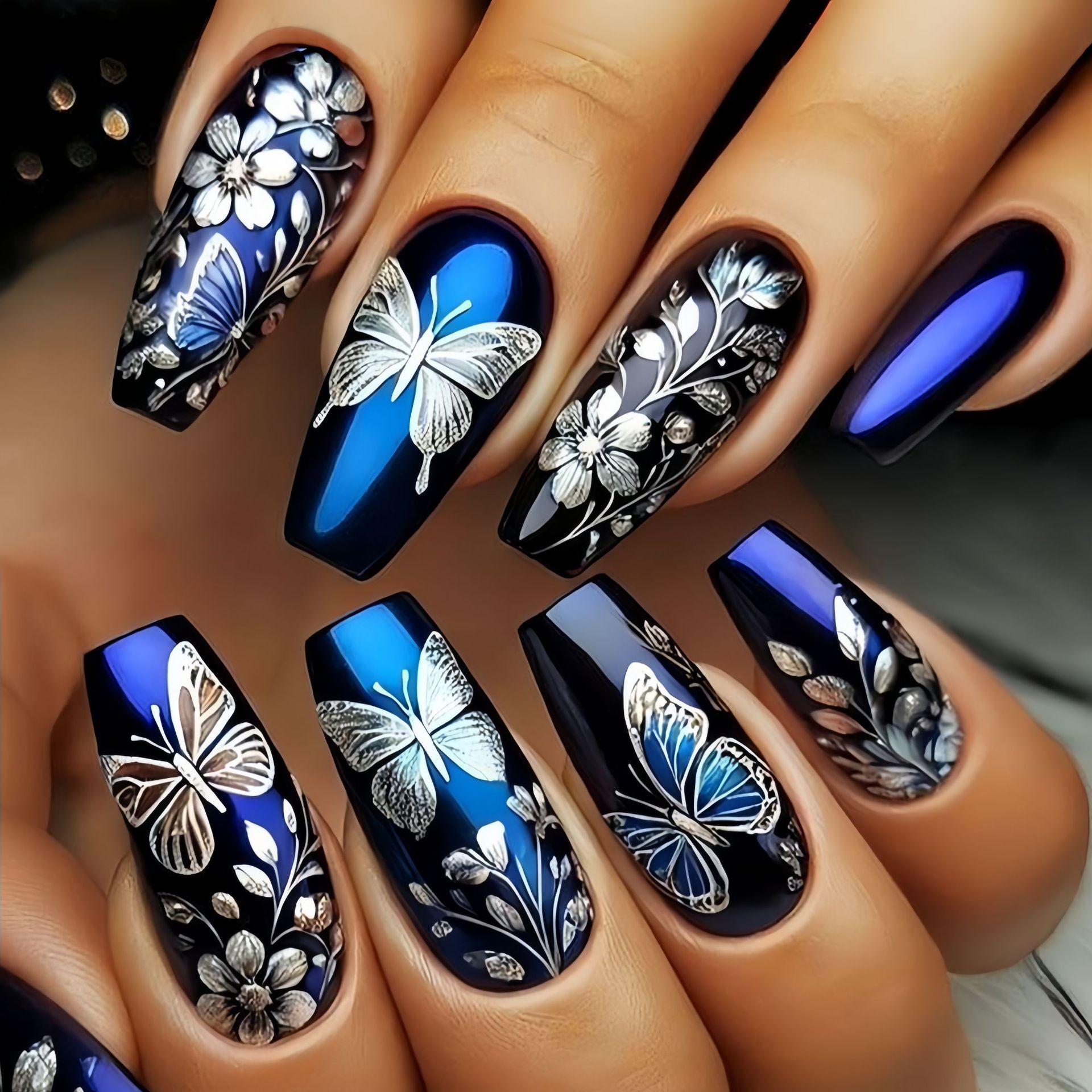 Pressed Flower Art - 여성 소녀용 중간 길이 인조 손톱